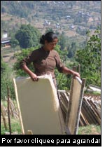 Una mujer empleada en la unidad de transformación de papel Bhimeshwor, Distrito de Dolakha, Nepal. Secado de papel bruto sacado de la fibra Lokta (Daphne spp) por los grupos de usuarios locales de los bosques comunitarios. La empresa esta apoyada por el Nepal Swiss Community Forestry Project. (Foto: Jane Carter, Intercoopertation (IC-HO), abril, 2008)