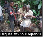 Un jeune homme Pygmée Mbendjele explique à un homme plus âgé comment la communauté peut cartographier ses activités forestières à l’aide d’un logiciel basé sur la technologie GPS. (Photo : Anthroscape)